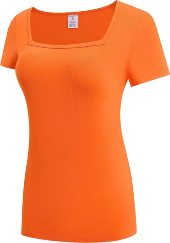 Vista 2 de OThread & Co. Camiseta de manga corta para mujer, cómoda, cuello cuadrado, capa elástica básica