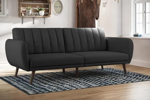Vista 16 de Novogratz Brittany - Sofá cama tipo futón de 82 pulgadas de piel sintética, tapizado con respaldo copetudo, diseño moderno de mediados de siglo