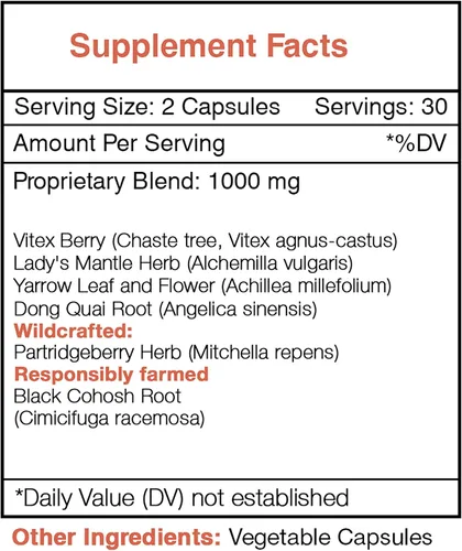 Vista 3 de Secrets of the Tribe Regulador de Ciclo 60 Cápsulas, 1000 mg, Vitex, Partridgeberry, Manto de Dama, Cohosh Negro, Milenrama, Dong Quai. Fórmula