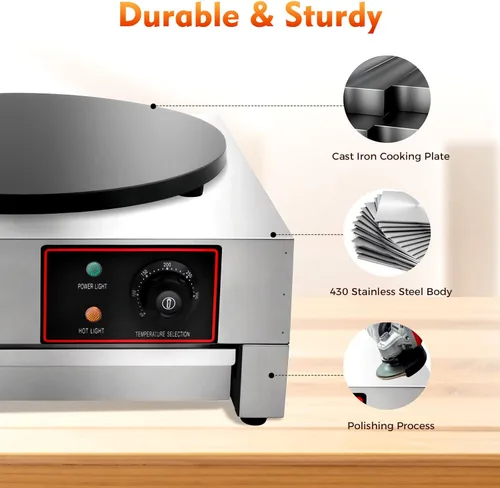 Vista 7 de Máquina eléctrica de crepé, máquina antiadherente de 16 pulgadas y 1700 W, plancha de crepes de placa plana comercial con luces indicadoras LED