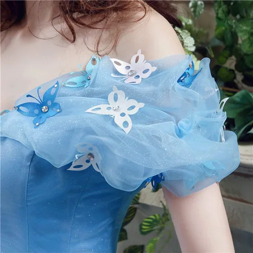Vista 7 de Vestido de baile azul 2021, vestido de baile de graduación, vestido de princesa Cenicienta, vestido de cosplay con hombros descubiertos, vestido
