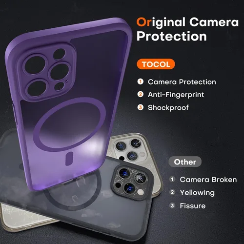 Vista 716 de TOCOL Funda magnética 3 en 1 para iPhone 15 Pro, mejorada [protección completa de cámara] con 2 protectores de pantalla, compatible con MagSafe Gris