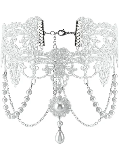 Vista 14 de Gargantilla de encaje negro gótico con tatuaje para fiesta de Halloween, accesorio personalizado para mujer R1: blanco