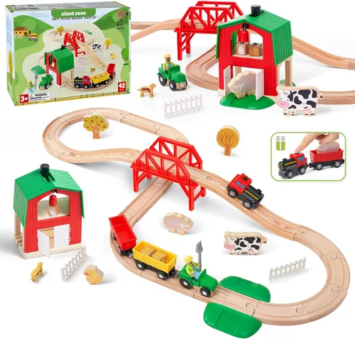 Vista 10 de Giant bean Juego de 117 piezas de tren Busy Port City para niños, juego de vías de tren de madera ampliables y cambiables, juguete grande de Navidad