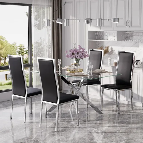 Vista 12 de Juego de mesa de comedor de cristal dorado moderno de 63 pulgadas para 6, juego de mesa de cocina rectangular de 7 piezas con patas de acero Negro