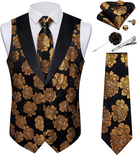 Vista 38 de DiBanGu Chaleco de traje de cachemira para hombre, chaleco jacquard de seda y corbata, chaleco formal de cuello de chal, 7 piezas para fiesta