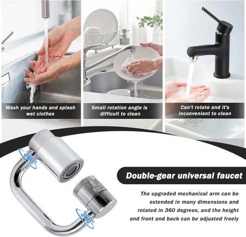 Vista 4 de Grifos universales, 360 giratorio en forma de U, extensor de grifo 2 modos de grifo ajustable, cabezal aireador, reemplazo para baño y cocina