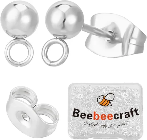 Vista 7 de Beebeecraft 50 aretes de bola de 0.118 pulgadas chapados en oro de 24 quilates de acero inoxidable con bucle, 50 piezas de respaldo, fabricación