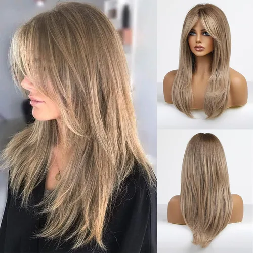 Vista 8 de HAIRCUBE Pelucas largas de color marrón oscuro con reflejos para mujer, peluca de pelo sintético rizado ondulado para uso diario