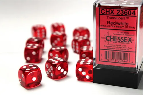 Vista 2 de Chessex Dice d6: bloque de dados rojo/blanco translúcido - Juego de 12