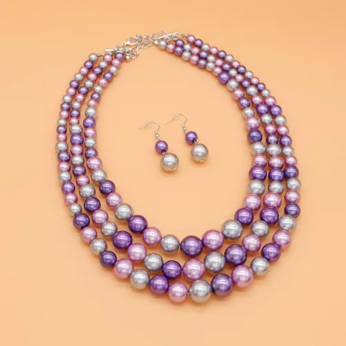 Vista 2 de Collar de perlas grandes de imitación para mujer, juego de collar y aretes de perlas de múltiples hebras, collar de perlas de 3 capas, perlas