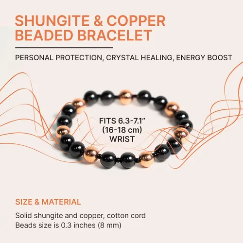 Vista 2 de Karelian Heritage Shungite Stones Elastic Stretchy Bracelet with opper Plated Beads Authetic Shungite Crystal Jewelry Protective Powerful Defender
