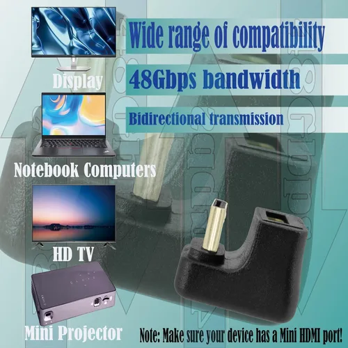 Vista 5 de Extensor de extensión Mini HDMI en ángulo hacia arriba, adaptador mini HDMI en forma de U de 180 grados 8K, conector de acoplador convertidor