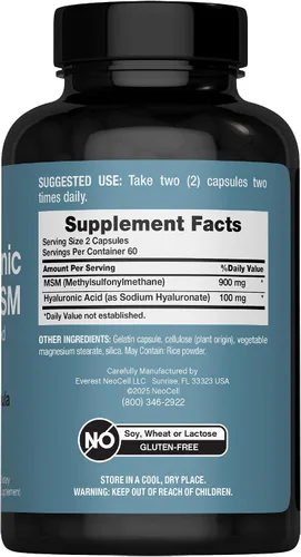 Vista 3 de NeoCell Ácido hialurónico con MSM 1000mg 120 Cápsulas Suplemento de fórmula avanzada Ingredientes clínicamente estudiados