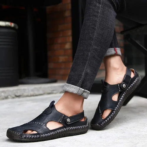 Vista 6 de Sandalias de cuero con punta cerrada para hombre, sandalias de pescador casuales para caminar al aire libre, zapatos de playa, Negro