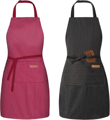 Vista 11 de Paquete de 2 delantales ajustables con peto, delantales de chef para cocina, restaurante, con 2 bolsillos, delantales para mujeres y hombres