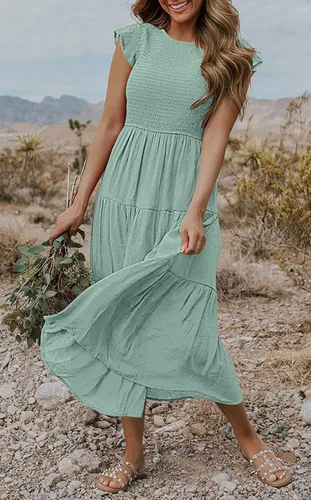 Vista 4 de MEROKEETY - Vestido midi fruncido de manga corta para mujer, vestido de verano casual, acampanado, con cintura elástica y escalonado