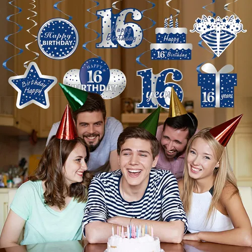 Vista 6 de Decoraciones colgantes de 16 cumpleaños azul y plateado para niños, 16 piezas de feliz cumpleaños de 16 años, suministros de fiesta de remolinos