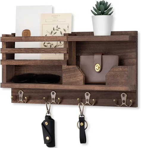 Vista 10 de Lwenki Organizador de Correo y Llavero para Pared - Organizador Decorativo de Entrada de 15.9" x 8.7" x 3.2" con Estante - Madera de Paulownia con 4