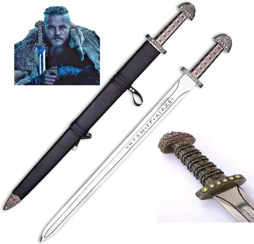 Vista 2 de Espada vikinga hecha a mano Espada real de Ragnar Lothbrok acero al carbono, espiga completa, funda de cuero de guardia de latón Espada