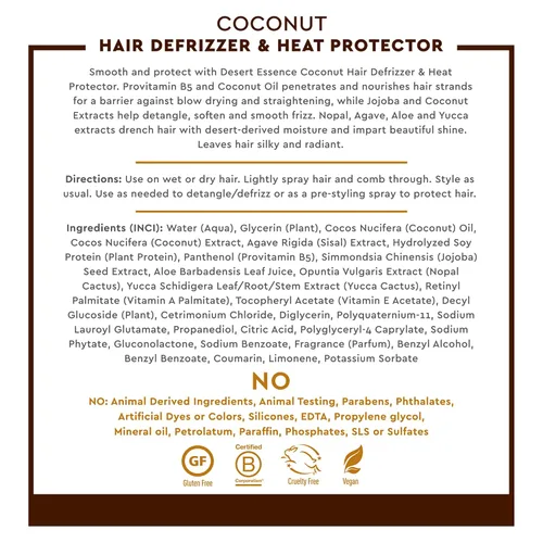 Vista 5 de Desert Essence Desfrizador de pelo de coco y protector de calor, 8 onzas líquidas, sin gluten, vegano, libre de crueldad, aceite de coco y extracto