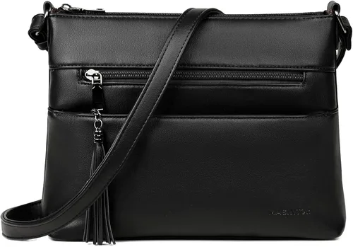 Vista 7 de MASINTOR Bolsos cruzados para mujer, bolso cruzado ligero y mediano, de cuero suave, bolsos de hombro para mujer con borla, Negro puro, Bandolera