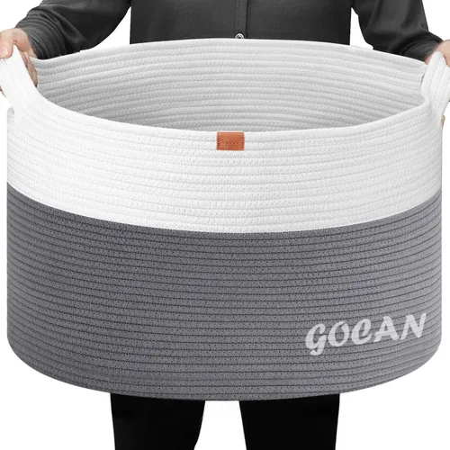 Vista 14 de GOCAN Cesta de almacenamiento extragrande para lavandería, 22 x 22 x 14 pulgadas, cesta tejida de cuerda de algodón para manta con asas para sala