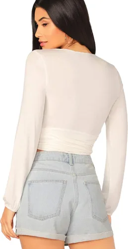Vista 2 de SheIn - Camiseta corta envolvente de manga larga con cuello en V profundo y nudo frontal para mujer