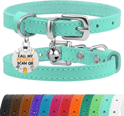 Vista 10 de BRONZEDOG Collar de cuero para gato con campanas extraíbles sin liberación rápida, etiqueta QR para gatito para niña y niño