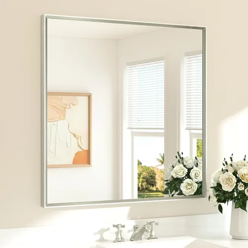 Vista 73 de TETOTE Espejo de baño dorado cepillado de 20" x 30", espejo de tocador de baño rectangular de latón dorado cepillado con marco biselado para sobre