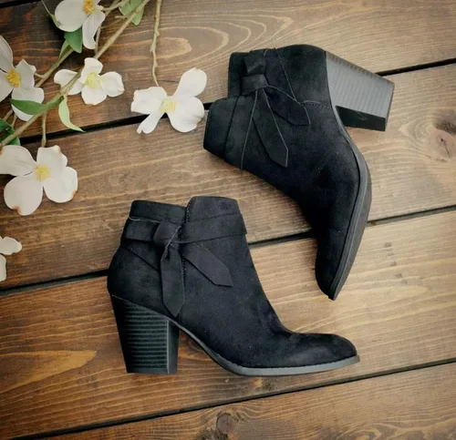 Vista 2 de PiePieBuy - Botines estilo Chelsea con lazo decorativo, puntera cerrada y tacón grueso de tiras para mujer