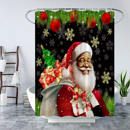 Vista 3 de Cortina de ducha afroamericana de Papá Noel negro retro amable anciano feliz Navidad bola regalo copos de nieve invierno feliz año nuevo cortina