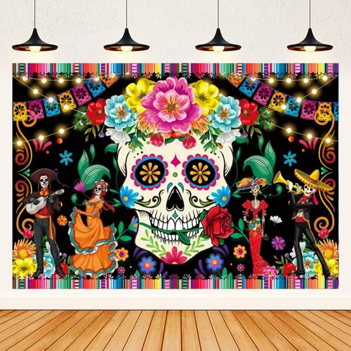 Vista 8 de Pancarta de decoración prémium con el Día de los Muertos, telón de fondo del Día de los Muertos, diseño clásico, tela HQ, impresión HD, perfecto