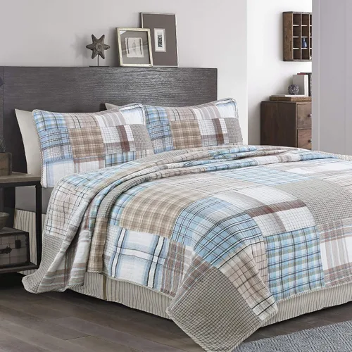 Vista 12 de Cozy Line Home Fashions Juego de ropa de cama de retazos reales a cuadros y rayas verdes, amarillos y azules, 100% algodón, colcha reversible