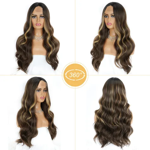Vista 6 de Halcyon - Peluca sintética ondulada de 26 pulgadas, parte central natural, reflejos marrones 3-row hand-tied parting for realistic scalp
