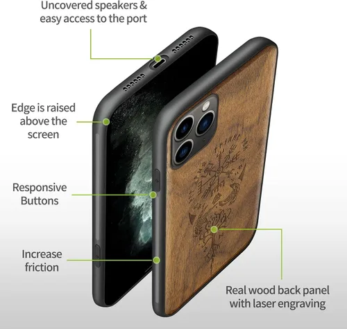 Vista 6 de Carveit Funda de madera para iPhone 11 Pro Max [madera real dura y TPU suave] a prueba de golpes, protector de teléfono de madera único compatible