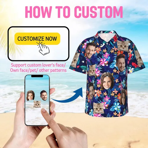 Vista 2 de Camisa hawaiana personalizada para hombres con cara, camisas florales tropicales personalizadas con foto de marido Aloha Beach Flower Shirt