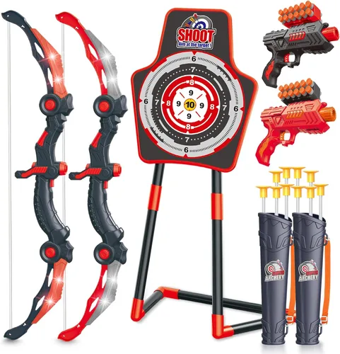 Vista 10 de SpringFlower 2 Bow and Arrow Sets with LED Light-up,2 Foam Dart Guns for Kids 5 6 7 8 9 10+ Years Old, Archery Set with Standing Target for Boys &