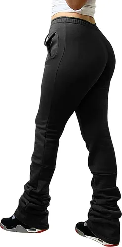 Vista 2 de Pantalones apilados para mujer, leggings de cintura alta con cordón ajustable, pantalones casuales acampanados, pantalones de entrenamiento
