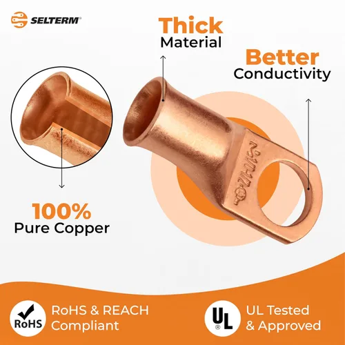 Vista 3 de SELTERM - 5 terminales de anillo resistentes para cable de batería, calibre 1/0 AWG, pernos de 1/2 pulgadas, terminales de calibre 0, ojales