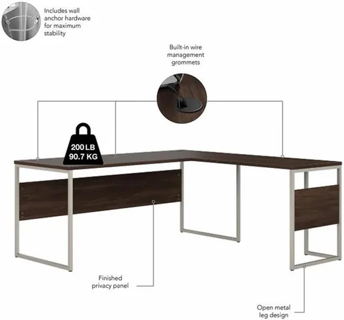 Vista 4 de Bush Business Furniture Escritorio híbrido en forma de L de 72W x 30D con patas de metal en nogal negro