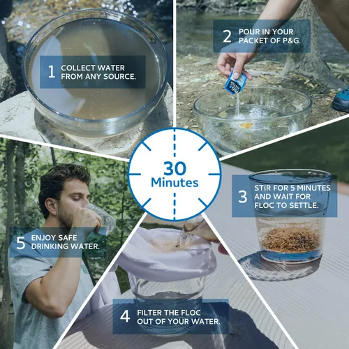 Vista 4 de P&G Purifier of Water Paquetes purificadores de agua portátiles. Paquetes de polvo de purificación de filtro de agua de emergencia para camping