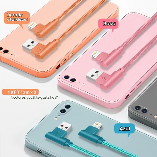 Vista 2 de Cargador de iPhone de 90 grados, cable Lightning USB certificado MFi (paquete de 3 unidades de 6 pies) Cargador de nailon trenzado para iPhone