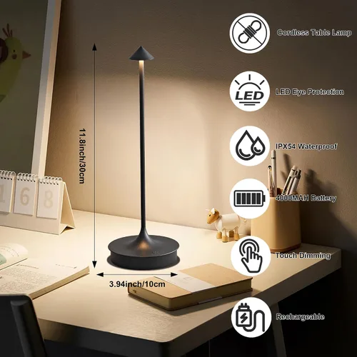 Vista 3 de Lámparas de mesa inalámbricas recargables, lámpara de escritorio LED de 4000 mAh, funciona con pilas, para exteriores, impermeable, portátil