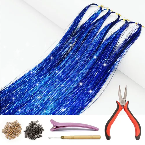 Vista 13 de Kit de extensión de cabello con herramientas e instrucciones, fácil de usar, 1000 mechones, 47 pulgadas, extensiones de cabello con purpurina Fairy