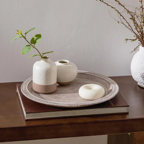 Vista 5 de Bandeja rústica de mesa auxiliar para decoración del hogar, bandeja decorativa redonda de madera comprimida en polvo, bandejas de bordes de madera