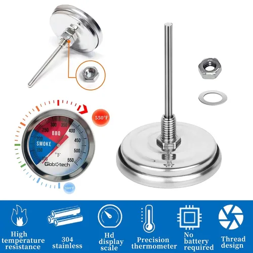 Vista 3 de Termómetro de acero inoxidable para parrilla de barbacoa – Medidor de temperatura de Dail de 2 pulgadas para monitoreo de carbón para parrilla