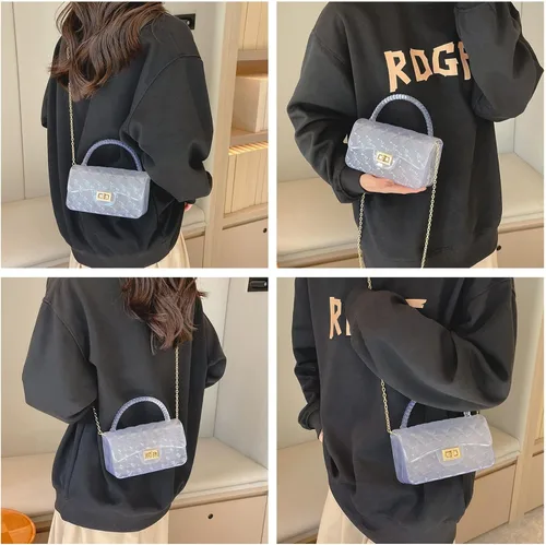 Vista 4 de Bolso cruzado de gelatina de color caramelo para mujeres y niñas, bolso de hombro transparente con asa superior con cuentas