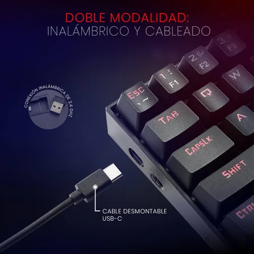 Vista 6 de Redragon Teclado mecánico para juegos K599 con cable e inalámbrico 60% compacto Tenkeyless RGB retroiluminado para jugadores de PC con Windows