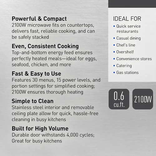 Vista 2 de Panasonic PRO1 - Horno de microondas comercial, resistente, 0.6 pies cúbicos de 2100 W, cocina de 5 etapas, pantalla LCD, acero inoxidable